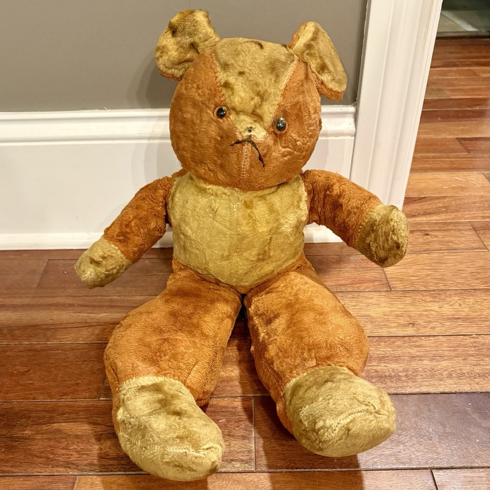 22" Antique VTG Straw Stuffed Jointed Teddy Bear Glass Eyes Jingle Bell Ear